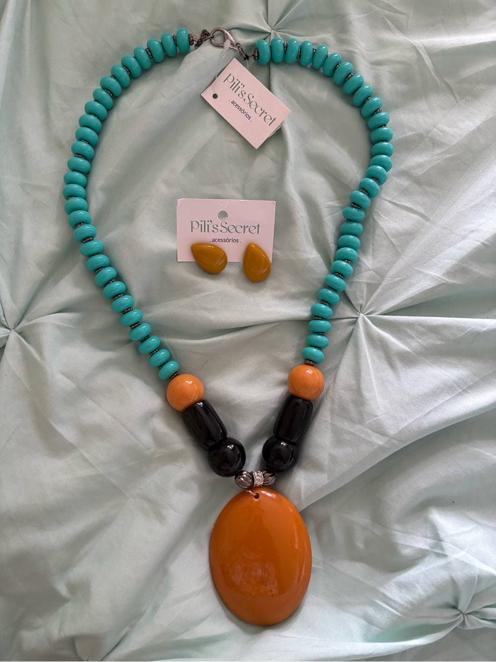 Turquoise & Orange Statement Necklace with Matching Earrings